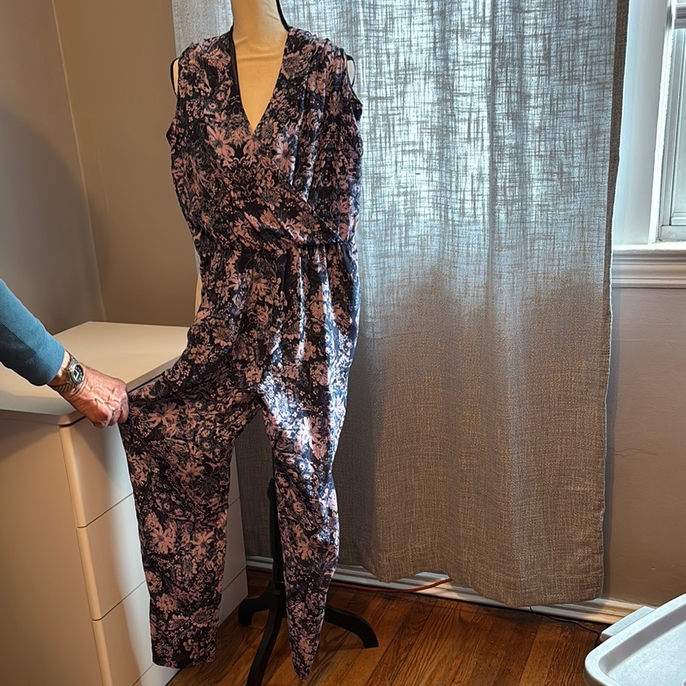 Rebecca Taylor Black & Pink Floral Sleeveless Wrap Jumpsuit